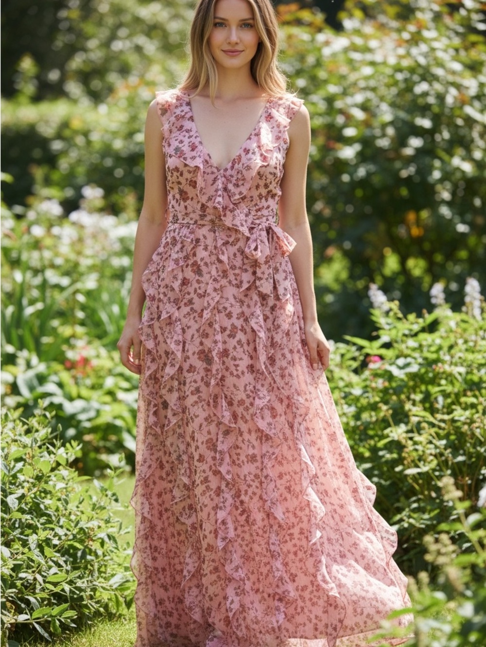 Nasty Gal Pink Floral Ruffle V-Neck Maxi Dress